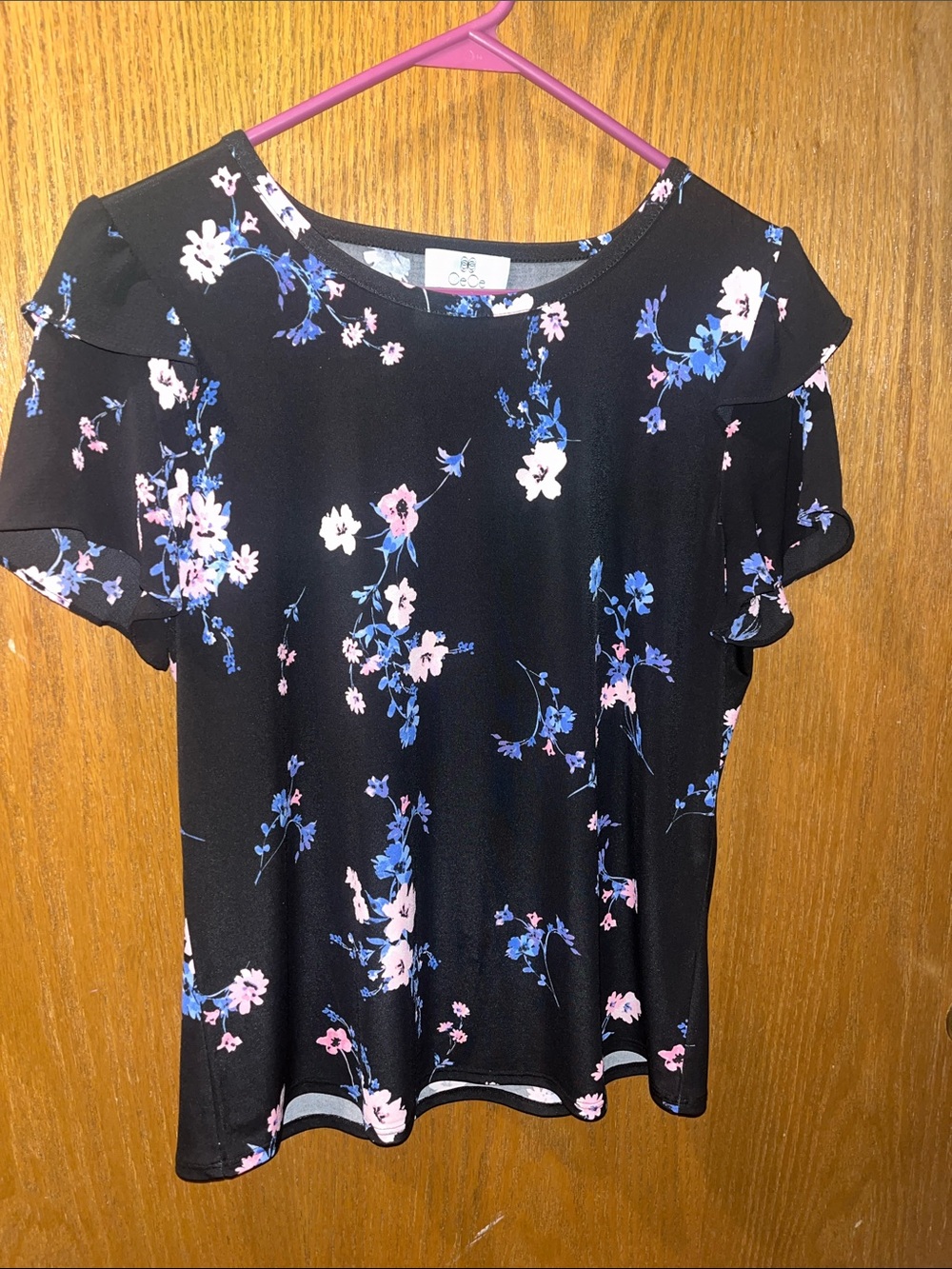 CeCe Black Floral Ruffle Sleeve Blouse